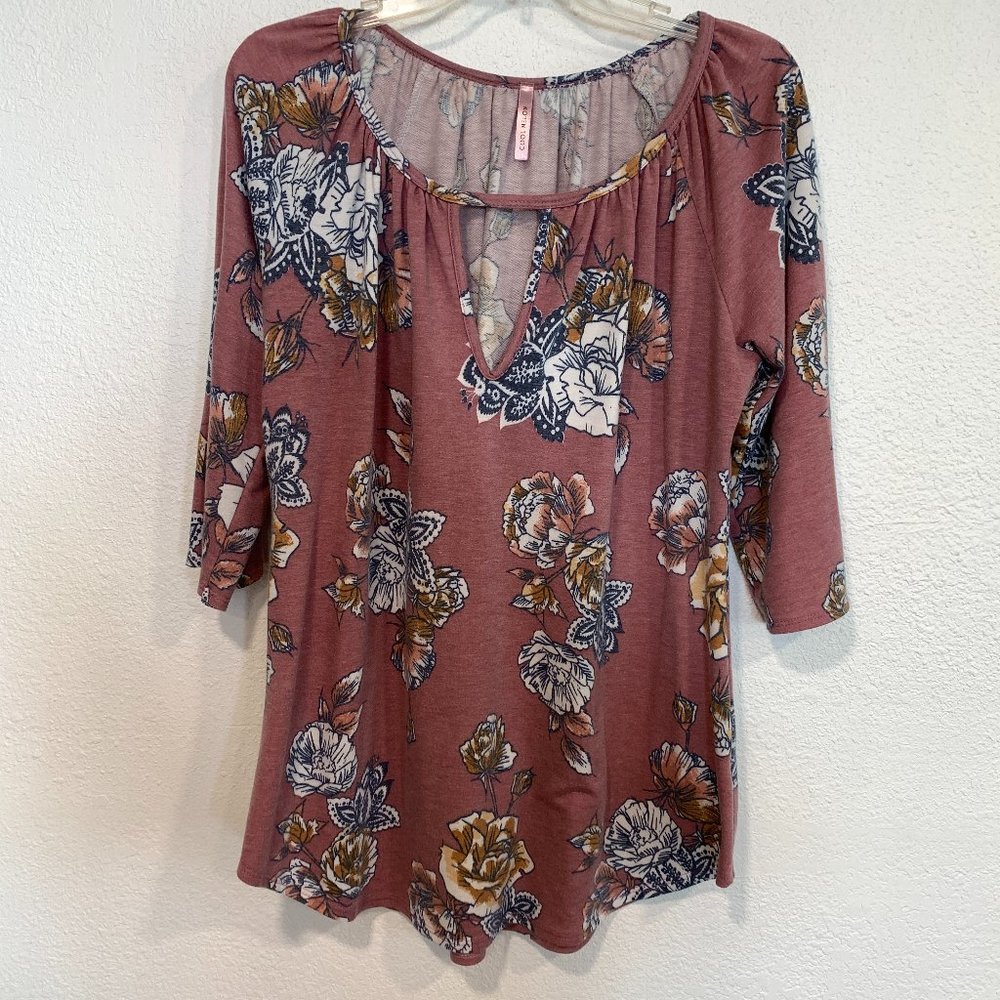 Cool Melon Soft Stretch Knit Boho Floral Tunic Top Keyhole Neck MultiColor Sz M